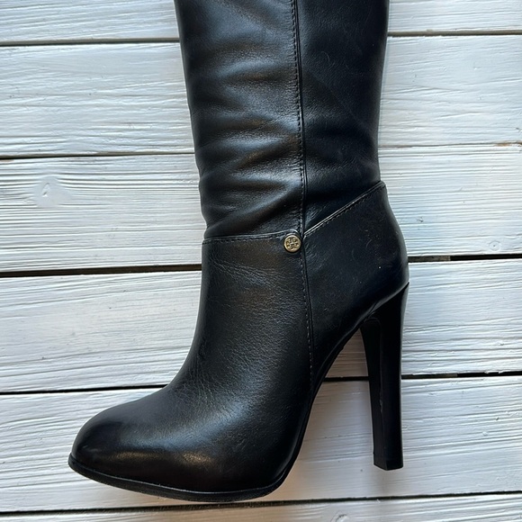 Tory Burch Black Tall Kasey Heeled Smooth Leather Boots Logo size 5.5 - Picture 3 of 16